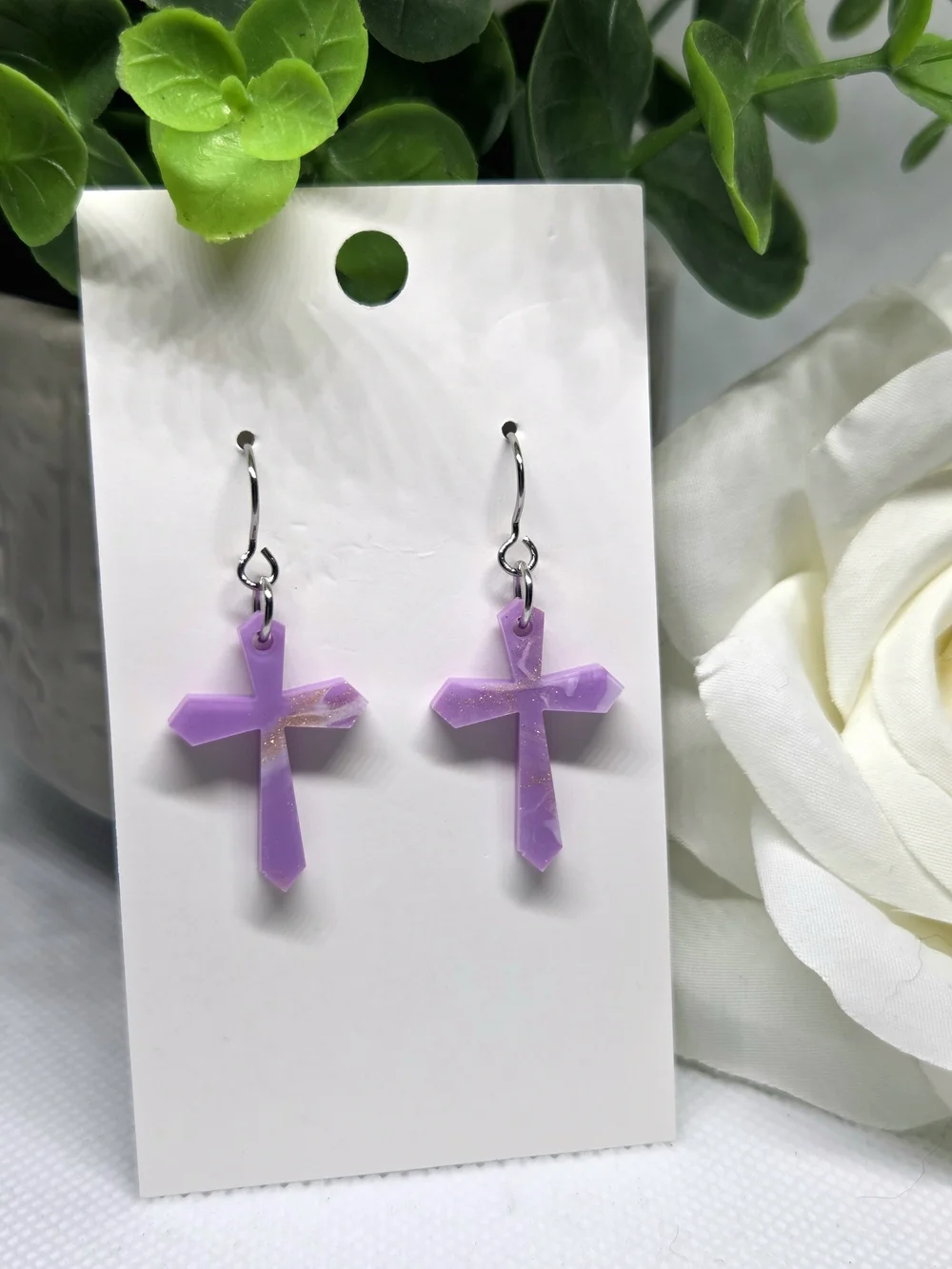 Dainty Purple Cross Dangle Earrings